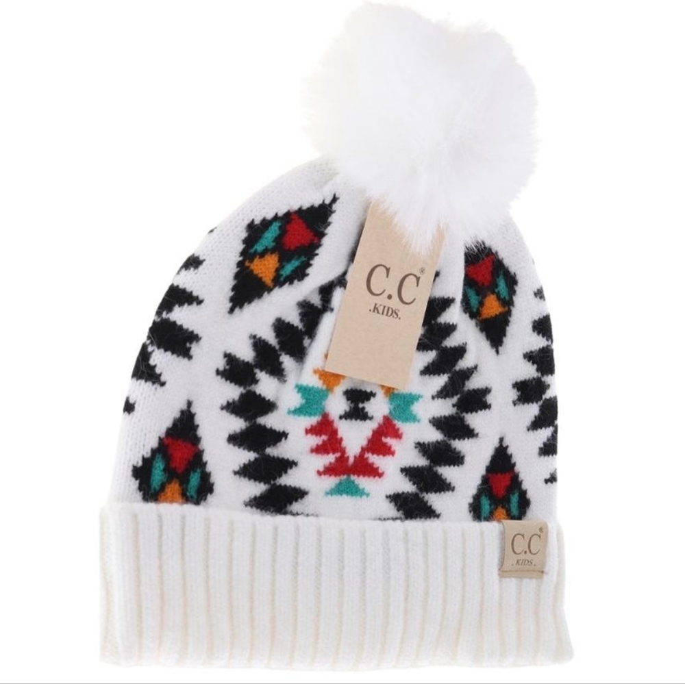 KIDS Aztec Patterned Faux Fur Pom C.C Beanie